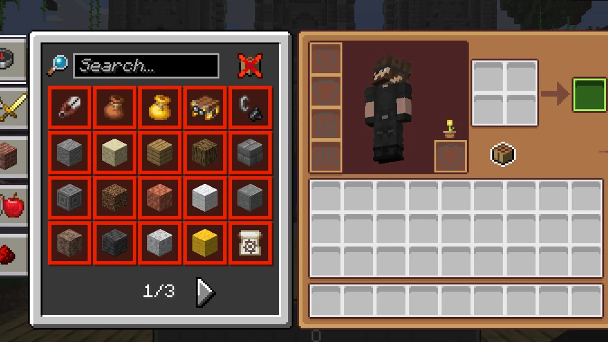 Menu e inventario custom di Charlie Realms, con blocchi e oggetti del texture pack dedicato